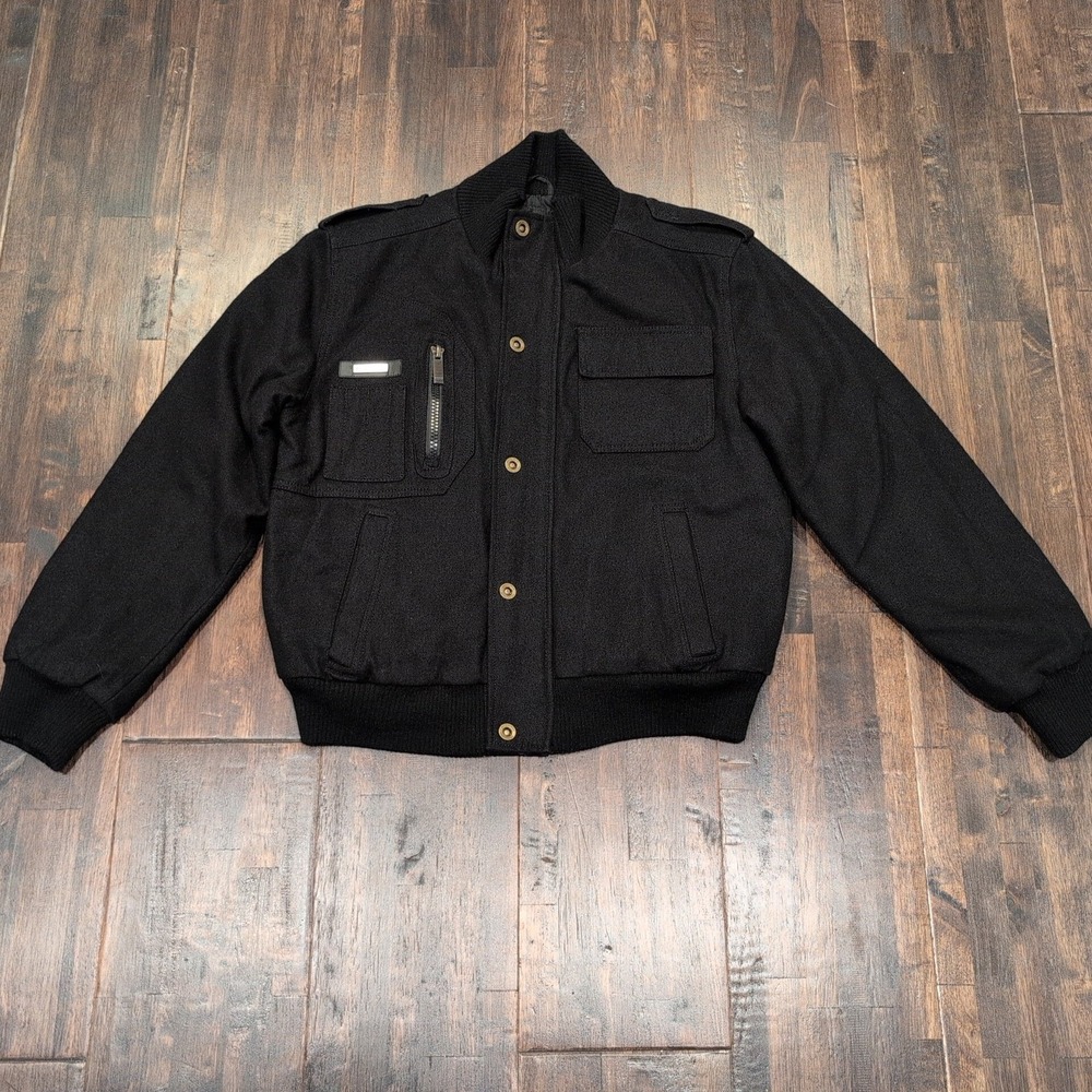 Sean John Black Bomber Jacket Mens Large Black Twill Utility Pockets‎ Zip Snaps